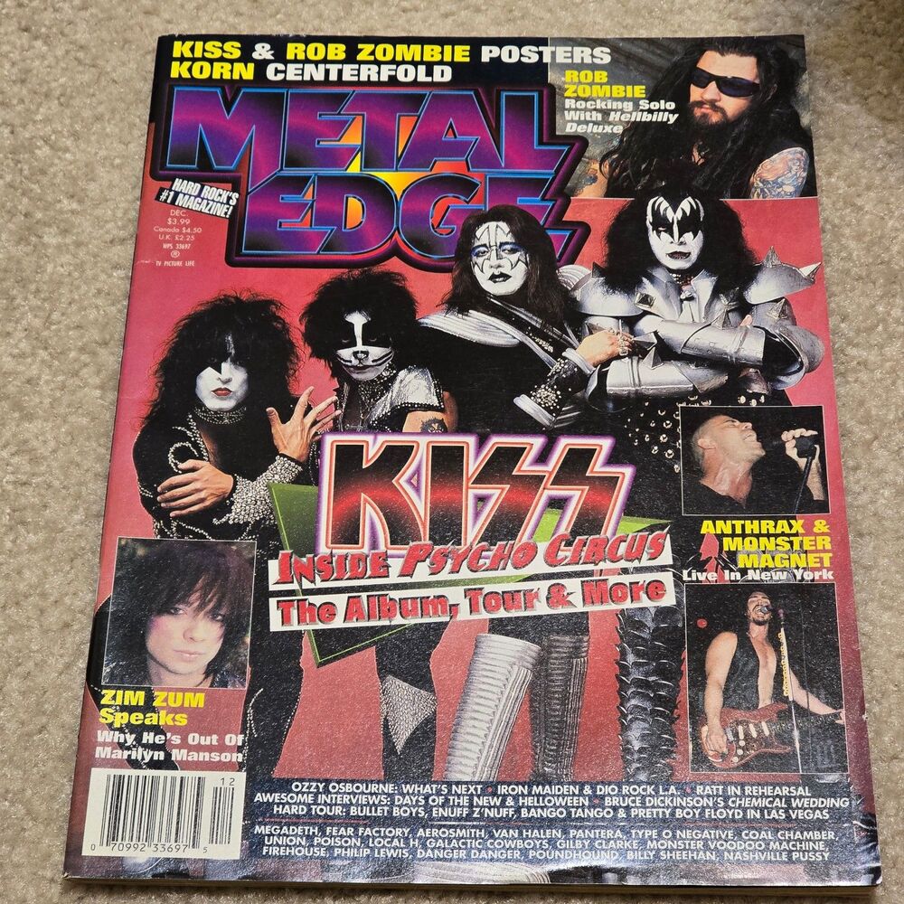 Metal Edge Magazine Dec 1998 KISS Psycho Circus Rob Zombie Korn Poster